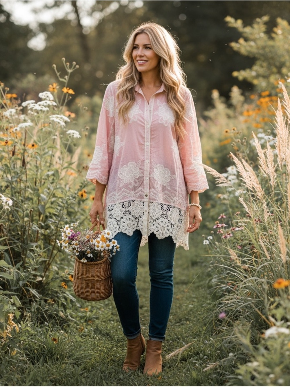 POL NEW Pink Crochet Lace-Trim Button Front Tunic with Embroidery